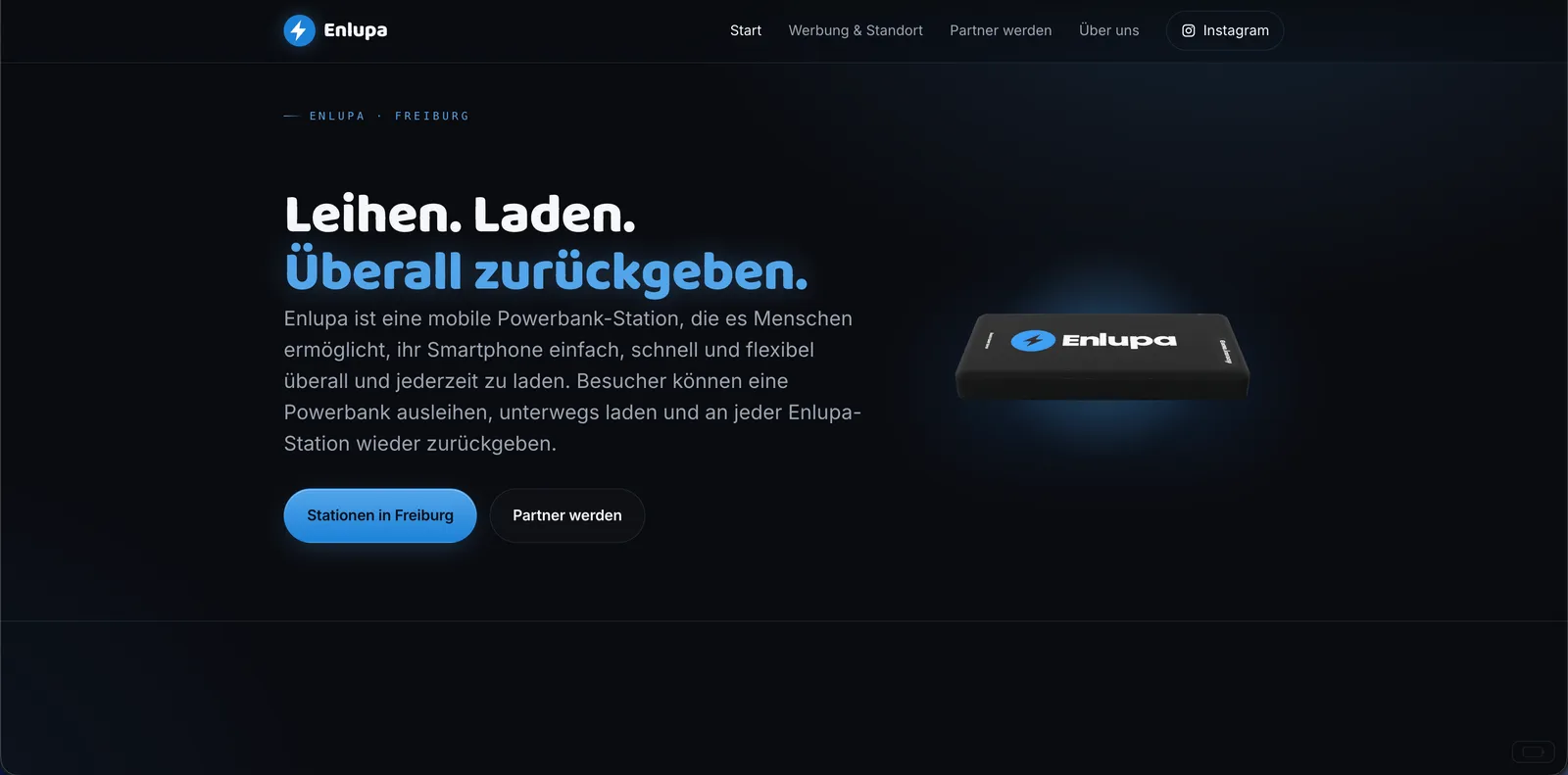Startseite von enlupa.de mit dem Hinweis, wie man eine Powerbank ausleiht und zurückgibt