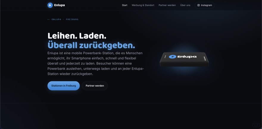 Startseite von enlupa.de mit dem Hinweis, wie man eine Powerbank ausleiht und zurückgibt