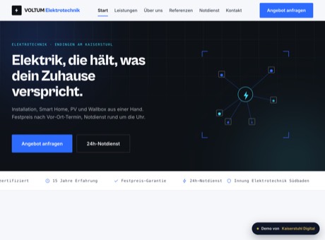 Startseite der VOLTUM-Elektrotechnik-Beispielseite mit Notdienst-Hinweis