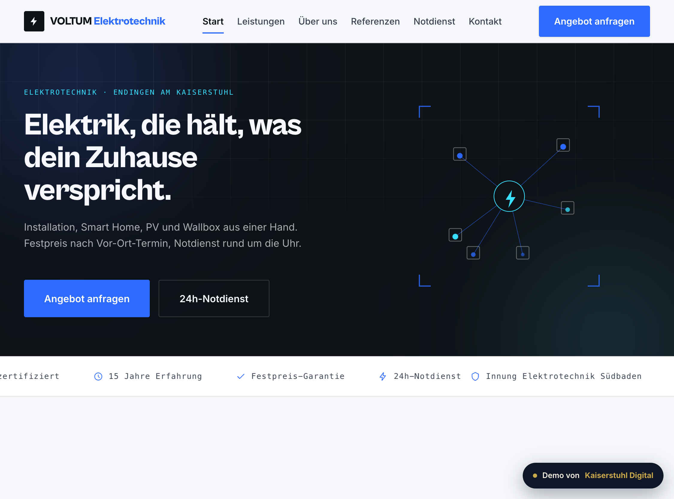 Desktop-Ansicht der VOLTUM-Elektrotechnik-Demo mit Startseite und Notdienst-Hinweis