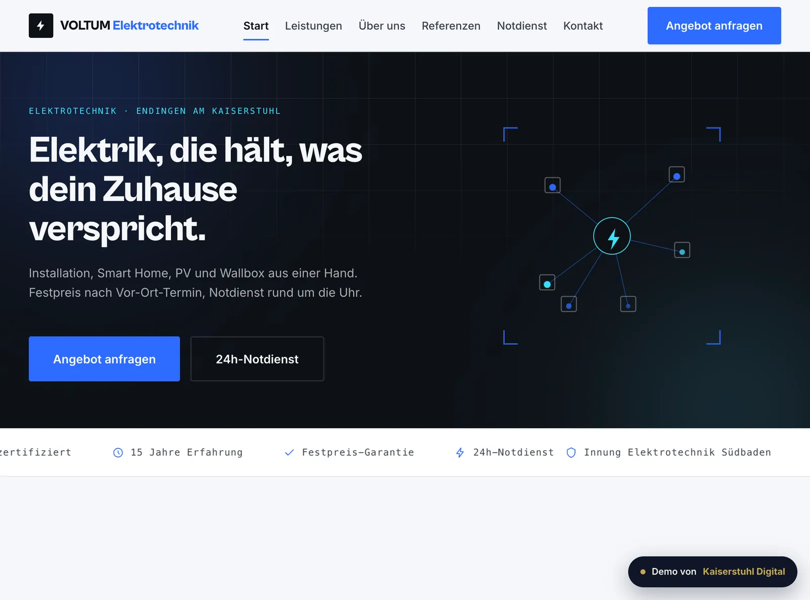 Desktop-Ansicht der VOLTUM-Elektrotechnik-Beispielseite mit Startseite und Notdienst-Hinweis