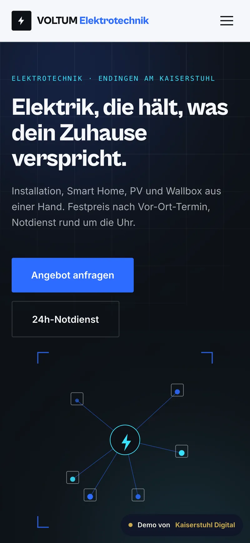 Mobile Ansicht der VOLTUM-Elektrotechnik-Beispielseite